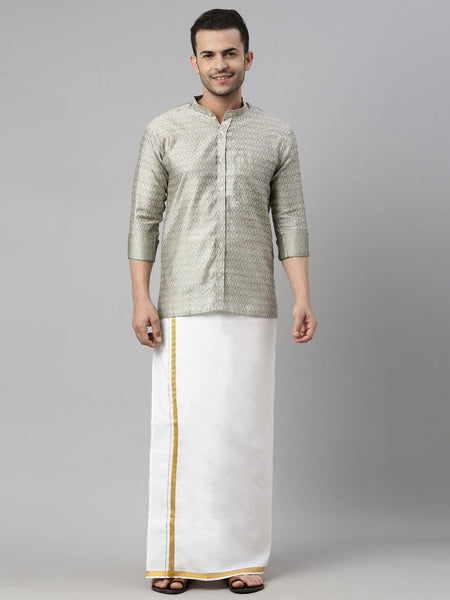 Vastramay Men's Beige Silk Blend Ethnic Shirt And Mundu Set - Distacart