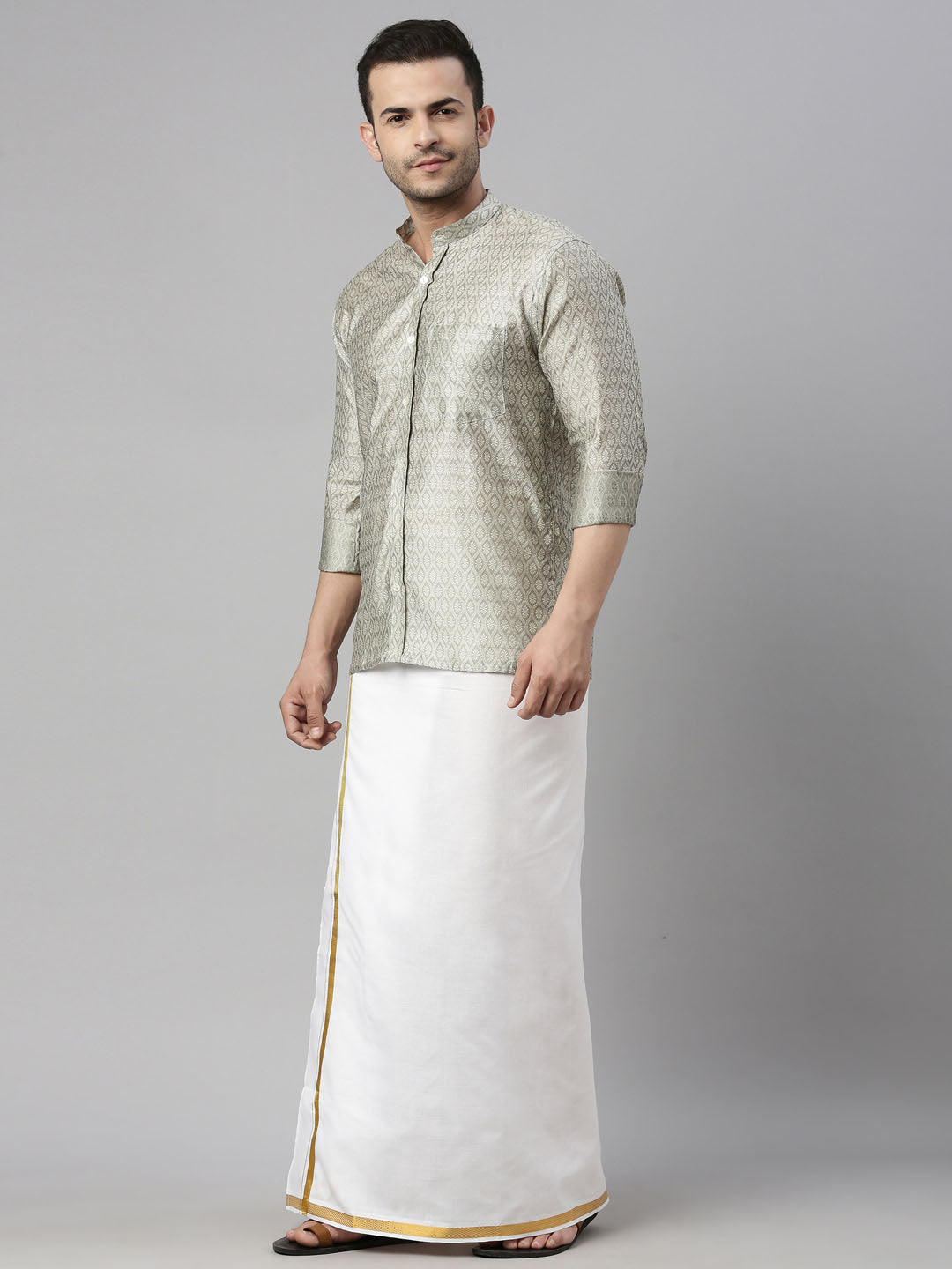Vastramay Men's Beige Silk Blend Ethnic Shirt And Mundu Set - Distacart