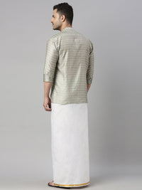 Thumbnail for Vastramay Men's Beige Silk Blend Ethnic Shirt And Mundu Set - Distacart