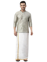 Thumbnail for Vastramay Men's Beige Silk Blend Ethnic Shirt And Mundu Set - Distacart