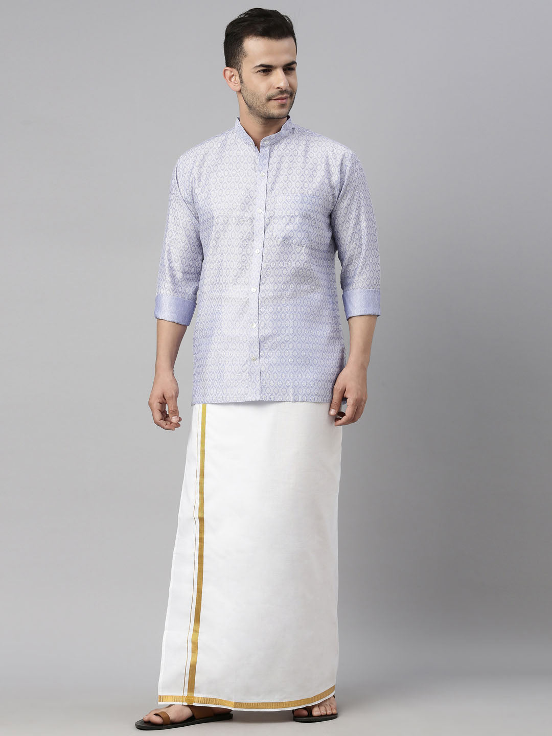Vastramay Men's Lavender Blue Silk Blend Ethnic Shirt And Mundu Set - Distacart