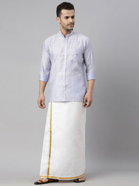 Thumbnail for Vastramay Men's Lavender Blue Silk Blend Ethnic Shirt And Mundu Set - Distacart