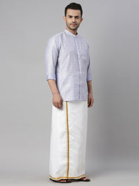 Thumbnail for Vastramay Men's Lavender Blue Silk Blend Ethnic Shirt And Mundu Set - Distacart