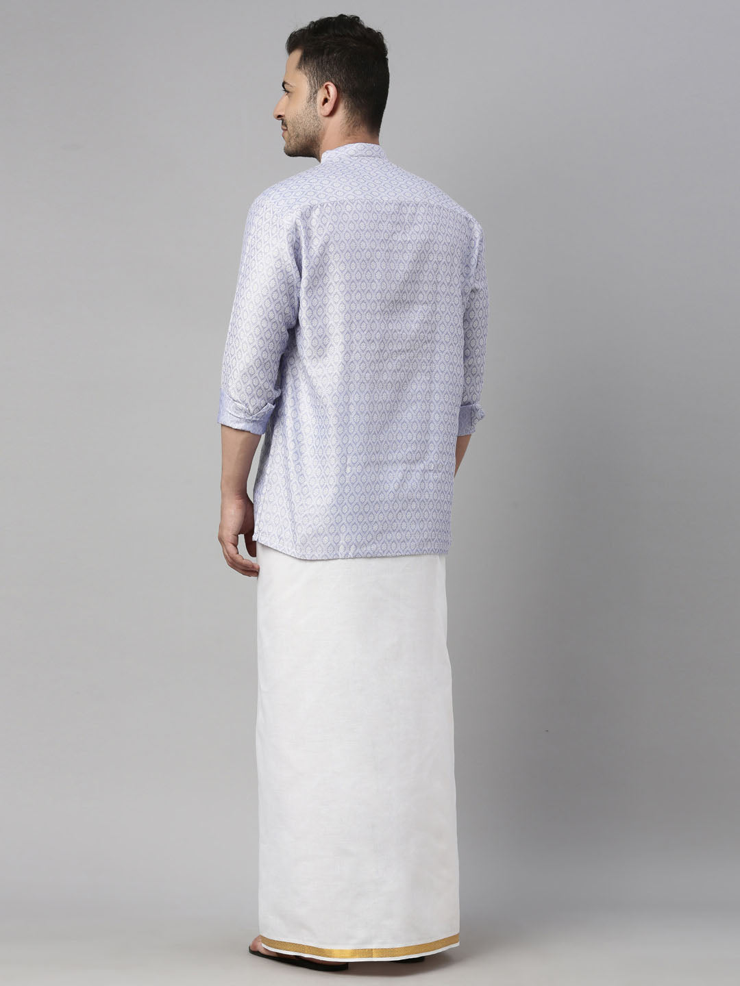 Vastramay Men's Lavender Blue Silk Blend Ethnic Shirt And Mundu Set - Distacart