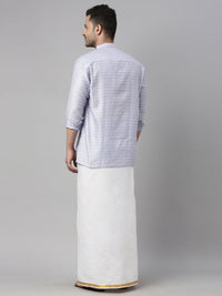 Thumbnail for Vastramay Men's Lavender Blue Silk Blend Ethnic Shirt And Mundu Set - Distacart