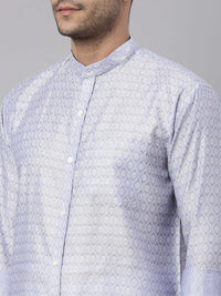 Thumbnail for Vastramay Men's Lavender Blue Silk Blend Ethnic Shirt And Mundu Set - Distacart