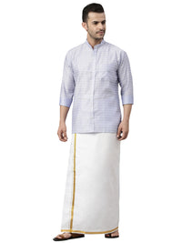 Thumbnail for Vastramay Men's Lavender Blue Silk Blend Ethnic Shirt And Mundu Set - Distacart
