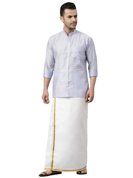 Vastramay Men's Lavender Blue Silk Blend Ethnic Shirt And Mundu Set - Distacart