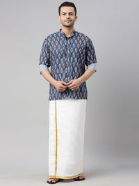 Thumbnail for Vastramay Men's Multicolor-Base-Grey Cotton Blend Ethnic Shirt And Mundu Set - Distacart