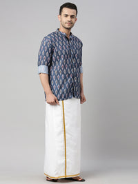 Thumbnail for Vastramay Men's Multicolor-Base-Grey Cotton Blend Ethnic Shirt And Mundu Set - Distacart