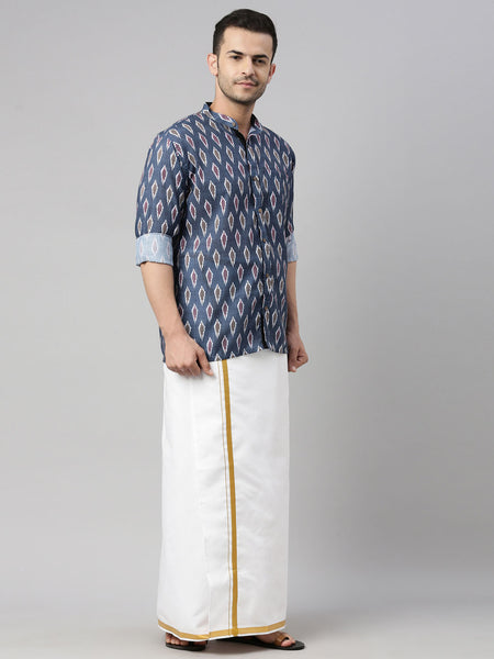Vastramay Men's Multicolor-Base-Grey Cotton Blend Ethnic Shirt And Mundu Set - Distacart