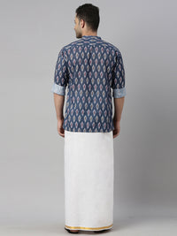 Thumbnail for Vastramay Men's Multicolor-Base-Grey Cotton Blend Ethnic Shirt And Mundu Set - Distacart