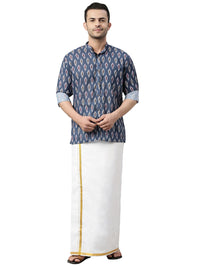 Thumbnail for Vastramay Men's Multicolor-Base-Grey Cotton Blend Ethnic Shirt And Mundu Set - Distacart