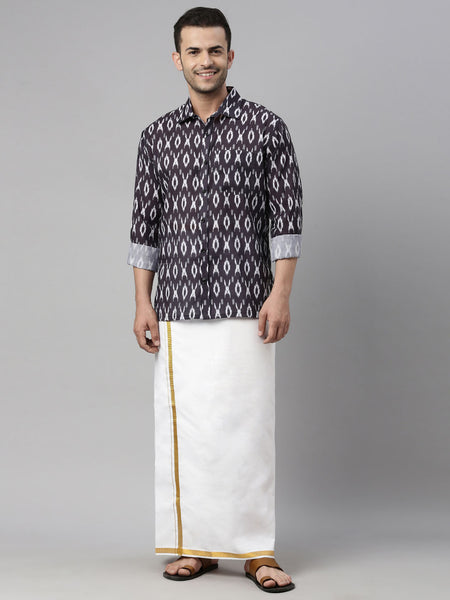 Vastramay Men's Black Cotton Blend Ethnic Shirt And Mundu Set - Distacart