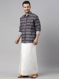 Thumbnail for Vastramay Men's Black Cotton Blend Ethnic Shirt And Mundu Set - Distacart