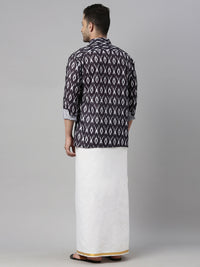 Thumbnail for Vastramay Men's Black Cotton Blend Ethnic Shirt And Mundu Set - Distacart