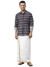 Thumbnail for Vastramay Men's Black Cotton Blend Ethnic Shirt And Mundu Set - Distacart