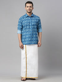Thumbnail for Vastramay Men's Turquoise Cotton Blend Ethnic Shirt And Mundu Set - Distacart