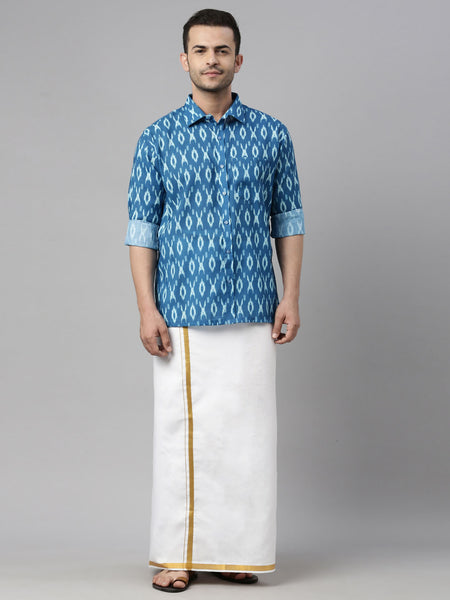 Vastramay Men's Turquoise Cotton Blend Ethnic Shirt And Mundu Set - Distacart