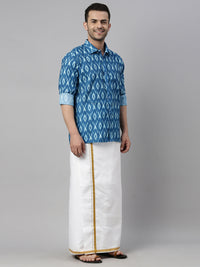 Thumbnail for Vastramay Men's Turquoise Cotton Blend Ethnic Shirt And Mundu Set - Distacart