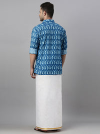 Thumbnail for Vastramay Men's Turquoise Cotton Blend Ethnic Shirt And Mundu Set - Distacart