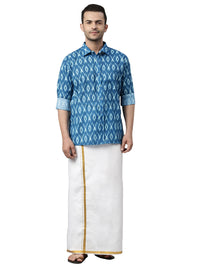 Thumbnail for Vastramay Men's Turquoise Cotton Blend Ethnic Shirt And Mundu Set - Distacart