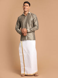 Thumbnail for Vastramay Men's Brown Poly Viscose Shirt And Mundu - Distacart