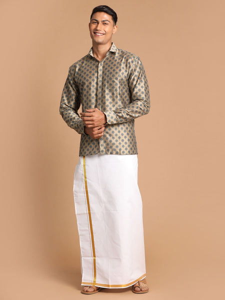 Vastramay Men's Brown Poly Viscose Shirt And Mundu - Distacart