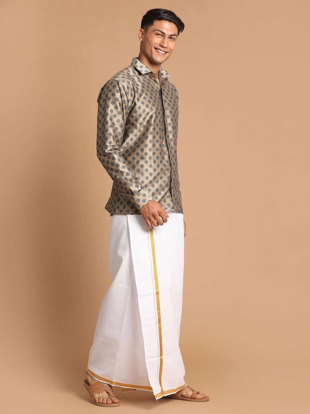 Vastramay Men's Brown Poly Viscose Shirt And Mundu - Distacart