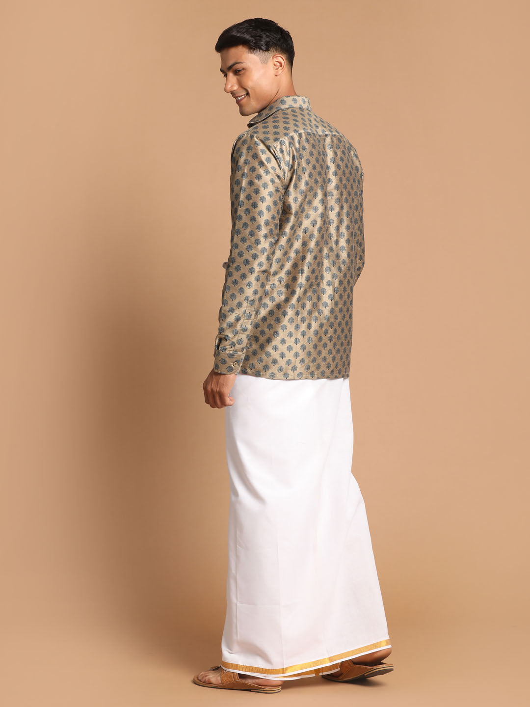 Vastramay Men's Brown Poly Viscose Shirt And Mundu - Distacart