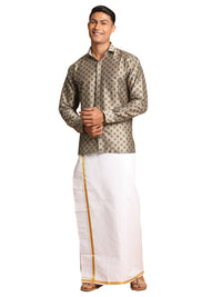 Thumbnail for Vastramay Men's Brown Poly Viscose Shirt And Mundu - Distacart