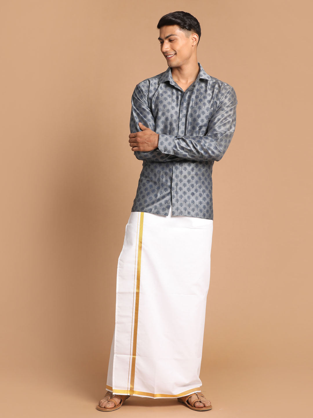Vastramay Men's Grey Poly Viscose Shirt And Mundu - Distacart