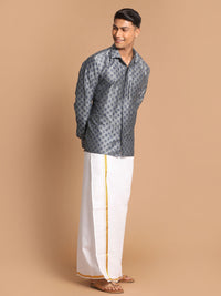 Thumbnail for Vastramay Men's Grey Poly Viscose Shirt And Mundu - Distacart