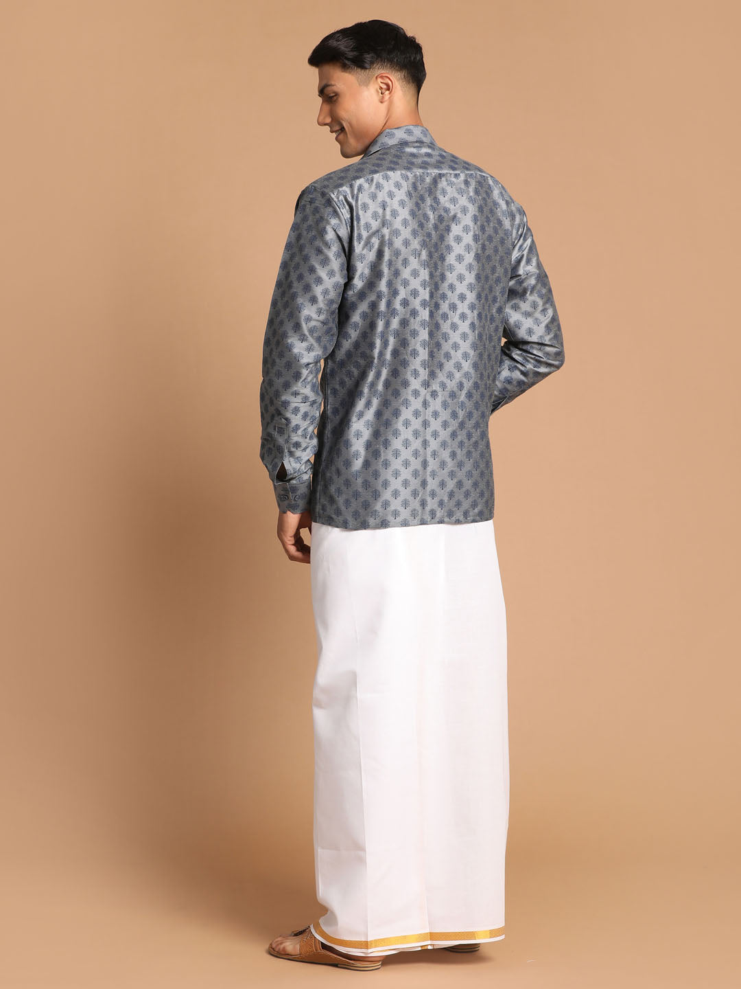 Vastramay Men's Grey Poly Viscose Shirt And Mundu - Distacart