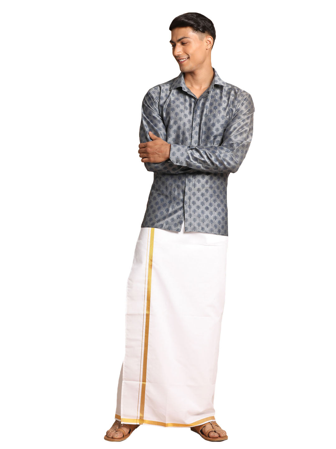 Vastramay Men's Grey Poly Viscose Shirt And Mundu - Distacart