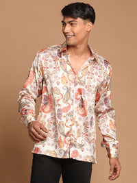 Thumbnail for Vastramay Men's Multicolored-Base-Beige Satin Ethnic Shirt - Distacart