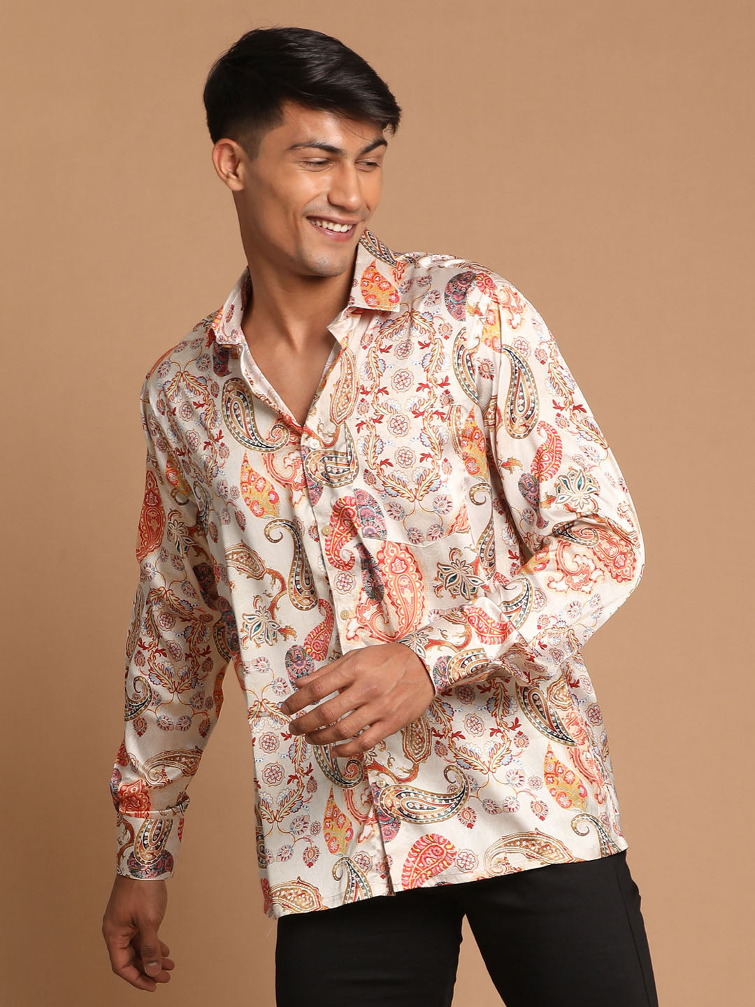 Vastramay Men's Multicolored-Base-Beige Satin Ethnic Shirt - Distacart