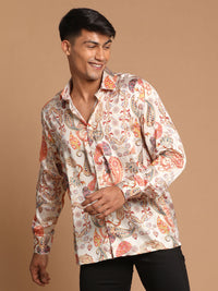 Thumbnail for Vastramay Men's Multicolored-Base-Beige Satin Ethnic Shirt - Distacart