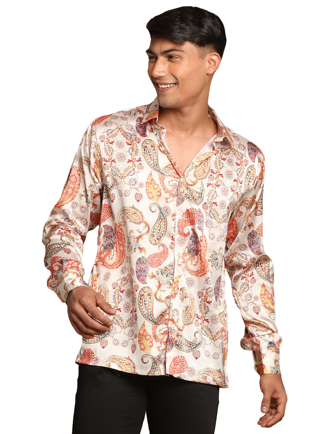 Vastramay Men's Multicolored-Base-Beige Satin Ethnic Shirt - Distacart