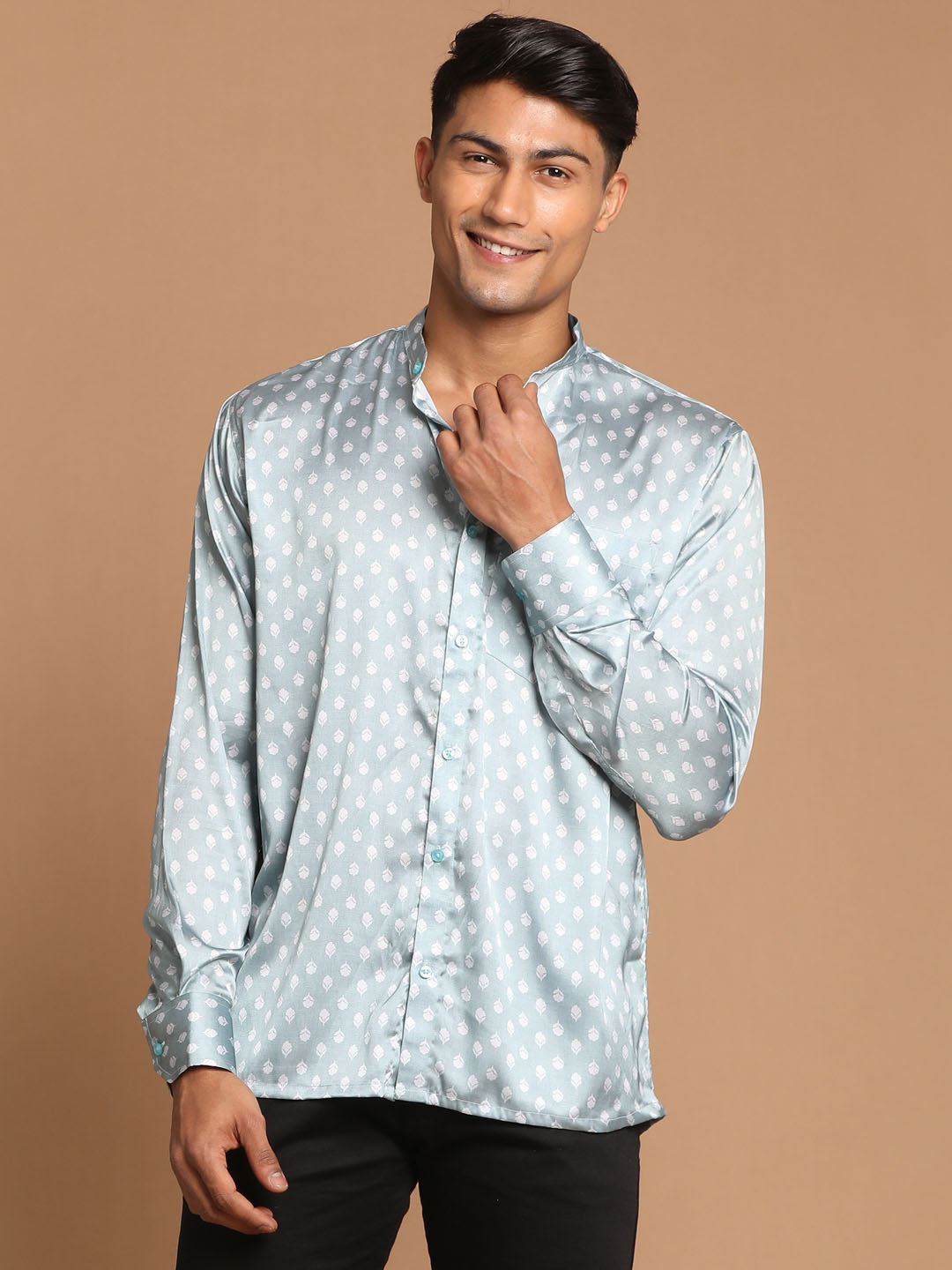 Vastramay Men's Grey And White Satin Ethnic Shirt - Distacart