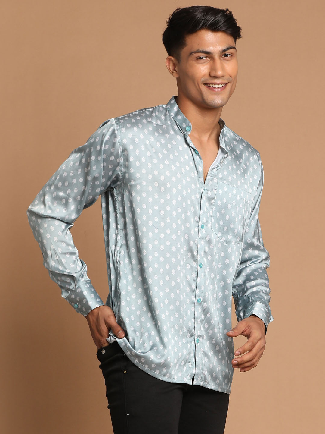 Vastramay Men's Grey And White Satin Ethnic Shirt - Distacart