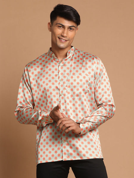 Vastramay Men's Multicolored-Base-Mint Satin Ethnic Shirt - Distacart