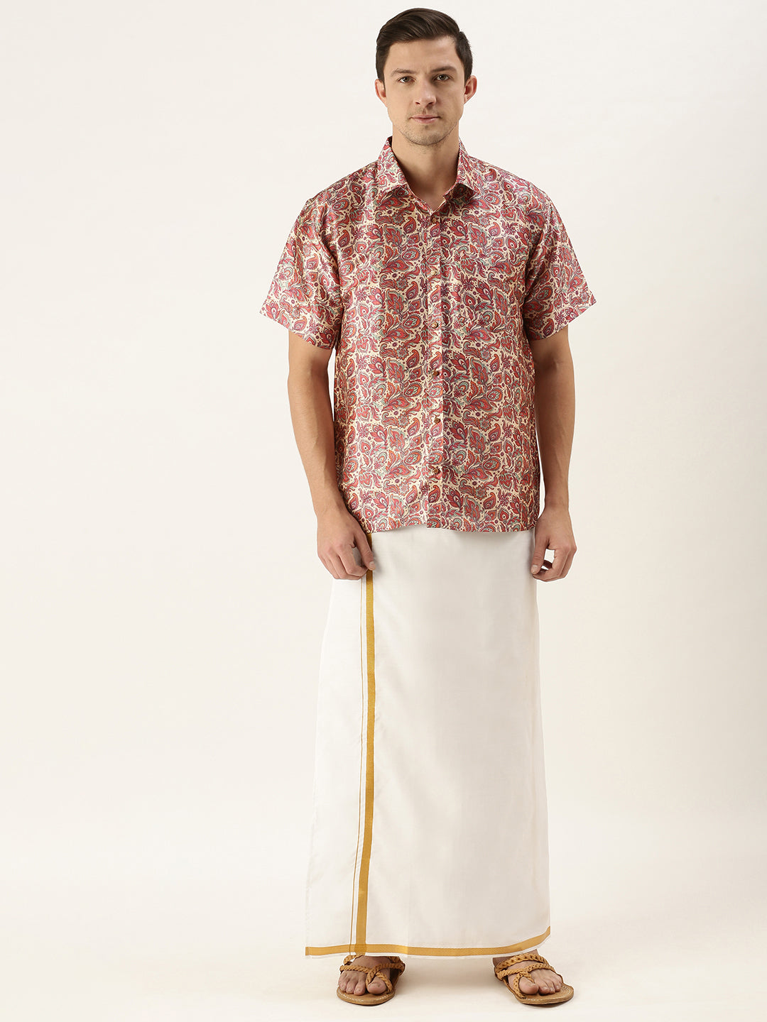 Vastramay Men's Multicolor-Base-Pink And White Silk Blend Shirt And Mundu - Distacart