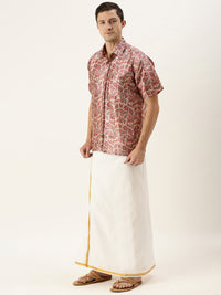 Thumbnail for Vastramay Men's Multicolor-Base-Pink And White Silk Blend Shirt And Mundu - Distacart