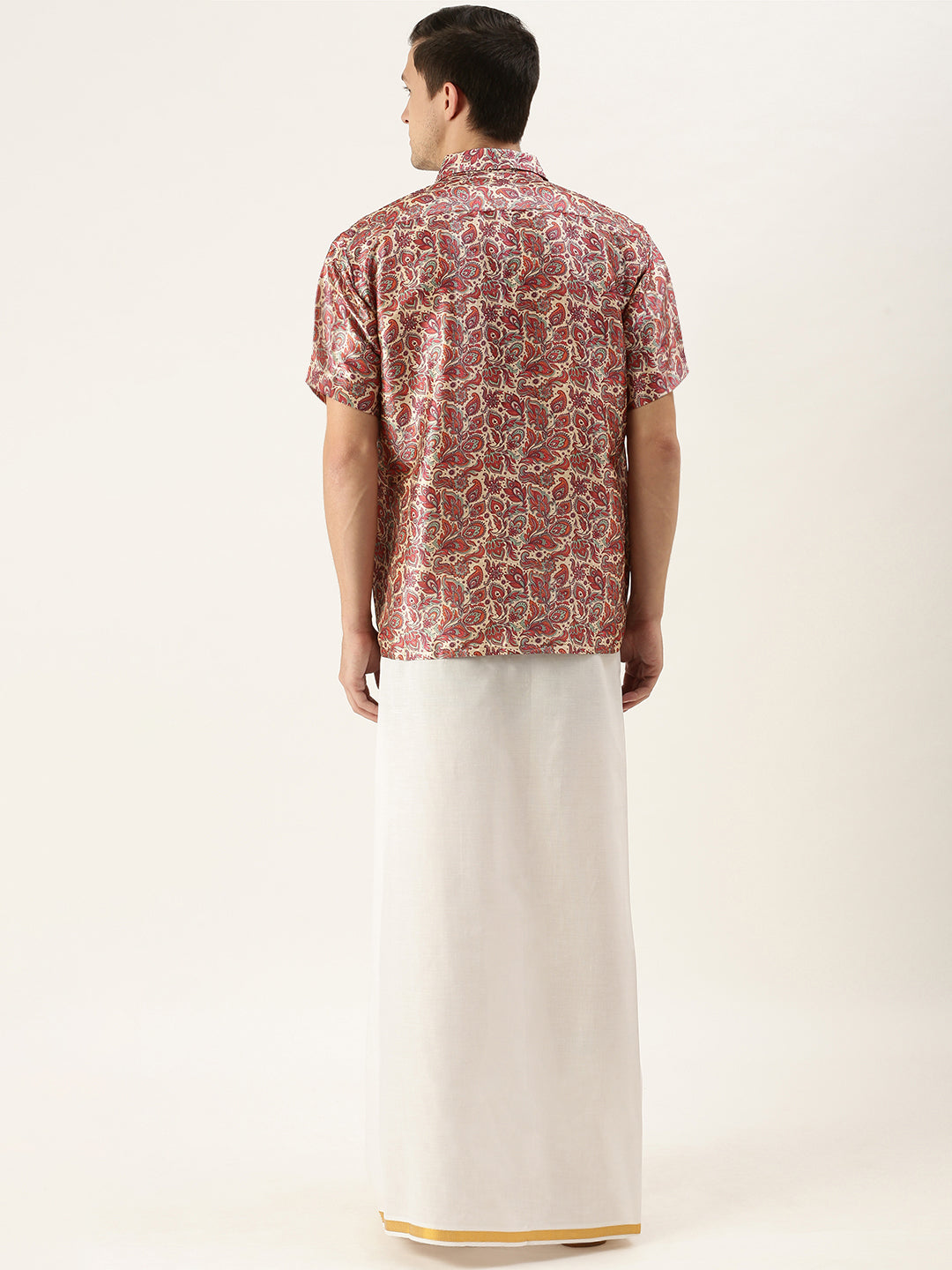 Vastramay Men's Multicolor-Base-Pink And White Silk Blend Shirt And Mundu - Distacart