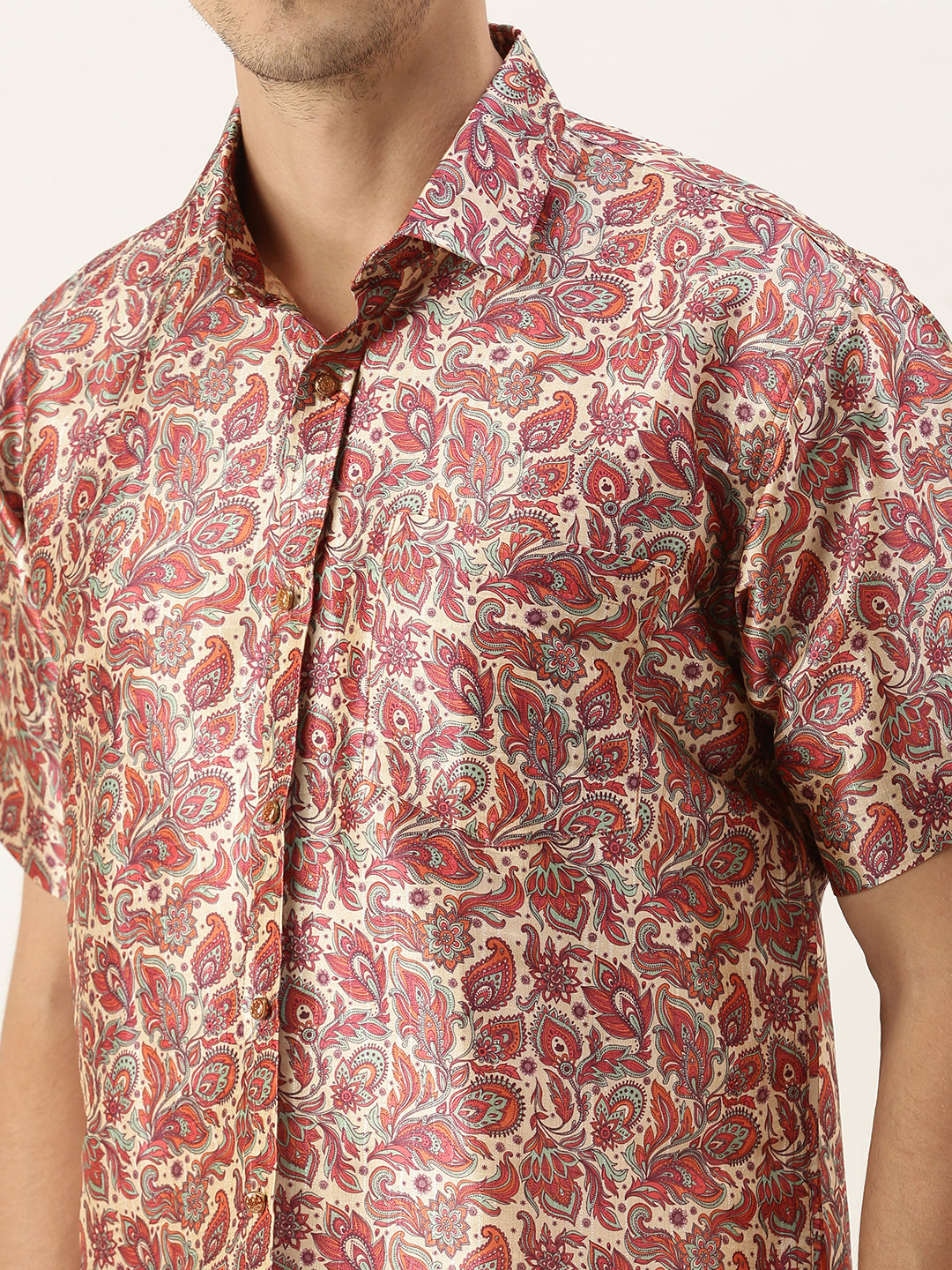 Vastramay Men's Multicolor-Base-Pink And White Silk Blend Shirt And Mundu - Distacart