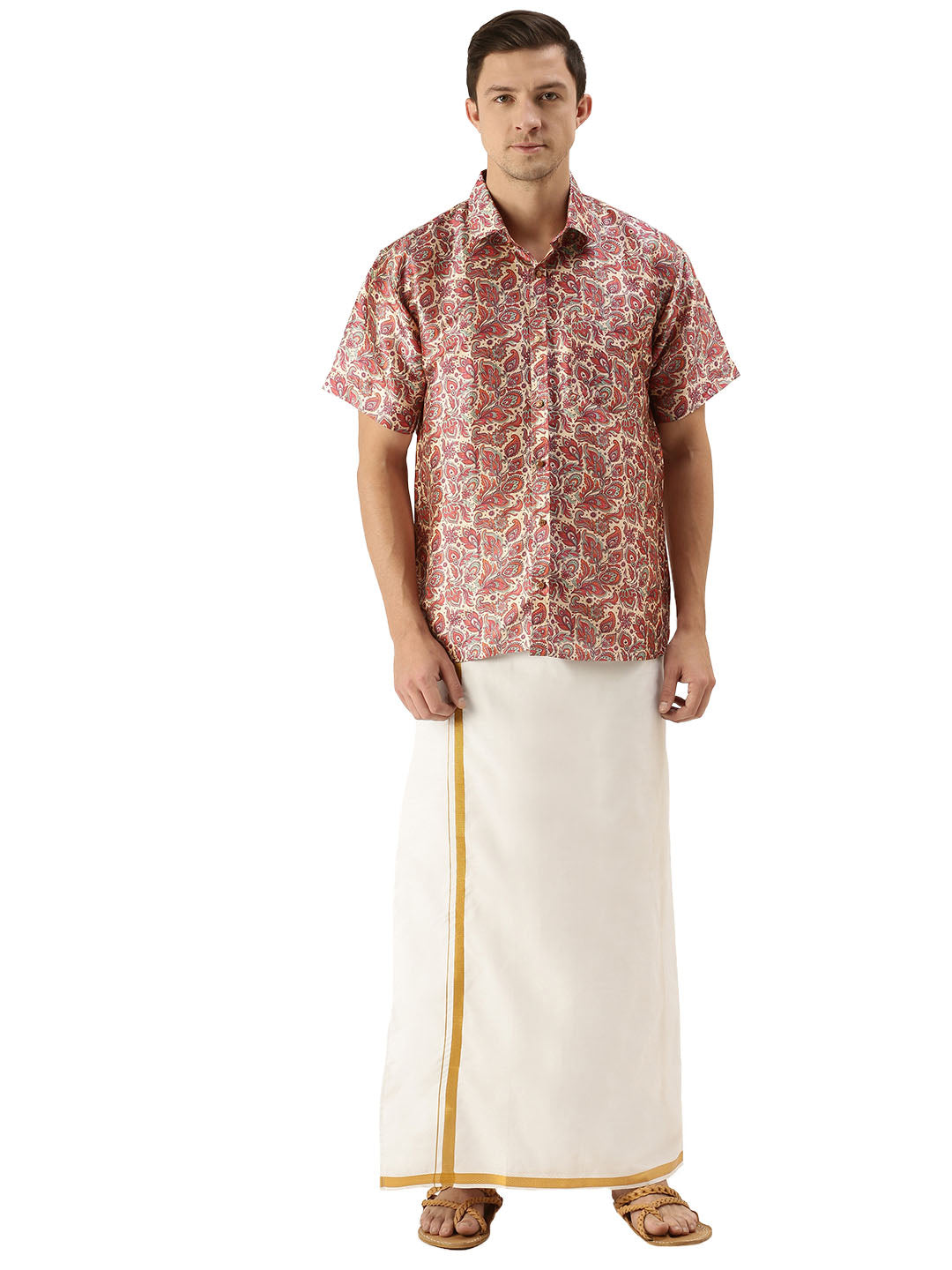 Vastramay Men's Multicolor-Base-Pink And White Silk Blend Shirt And Mundu - Distacart