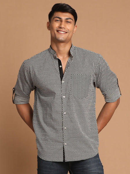 Shvaas By Vastramay Men's Black And White Cotton Ethnic Shirt - Distacart