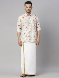 Thumbnail for Vastramay Men's Multicolor-Base-Cream Muslin Ethnic Shirt And Mundu Set - Distacart