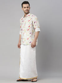 Thumbnail for Vastramay Men's Multicolor-Base-Cream Muslin Ethnic Shirt And Mundu Set - Distacart